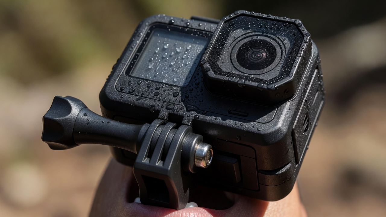 Detailed close-up of an action camera mounted on a bite mount with hydrophobic lens beads