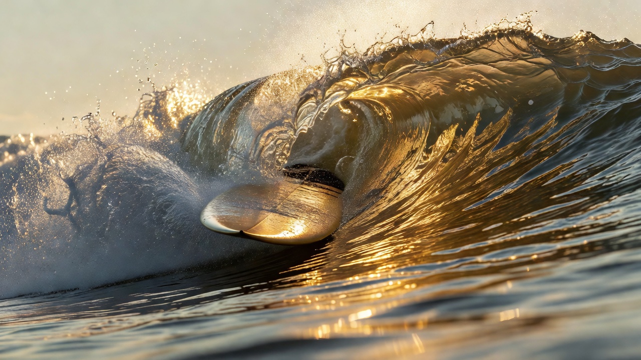 Close-up view from water level showing a wet surfboard rail banking hard into a golden backlit wave pocket