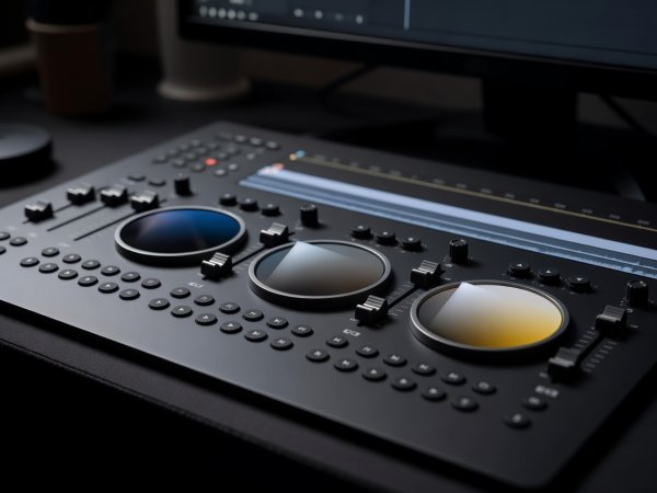 Macro view of video editing timeline controls and color grading wheels on a dark desk