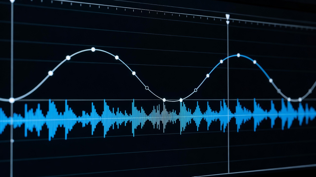 Close-up of a video editing timeline showing a curved Bézier speed ramp keyframe graph and audio waveforms