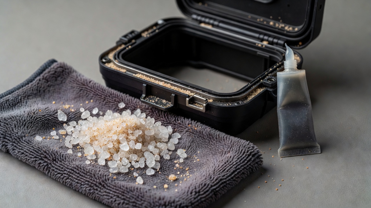 Close-up of quartz sand grains next to a microfiber lens cloth and silicone grease tube beside an open camera housing