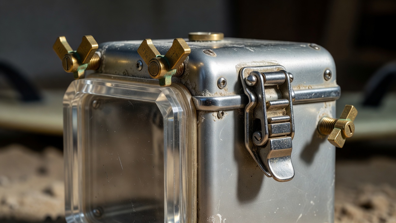 Close-up of brass wingnuts and heavy acrylic faceplate on a classic surf camera water housing