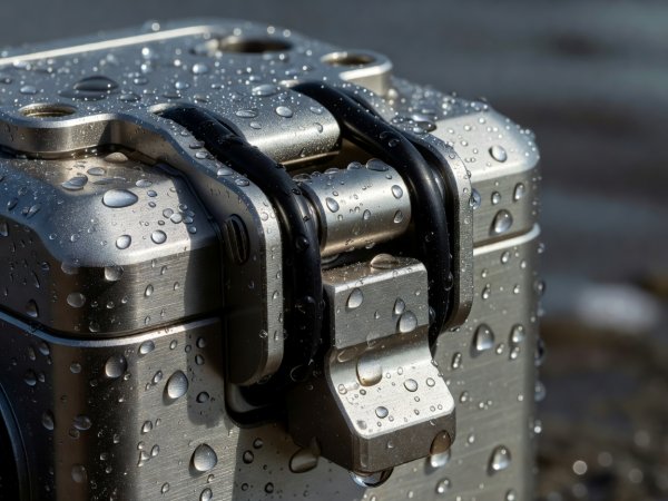 Close-up of a double O-ring waterproof camera housing latch with salt water droplets