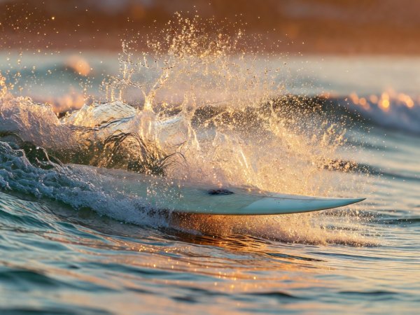 Shallow-focus close-up of a wet surfboard rail carving through golden hour water